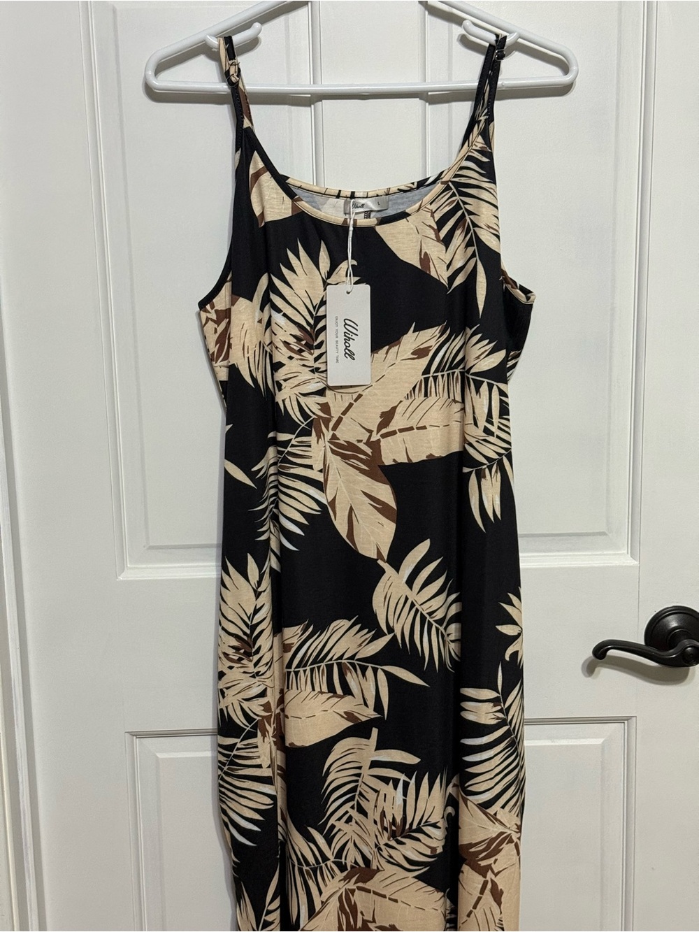 Black Maxi Slip Dress with Beige Tropical Leaves